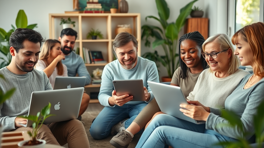 lively diverse group of people of all ages using laptops at home, working and collaborating on online side hustles, cozy modern living rooms
