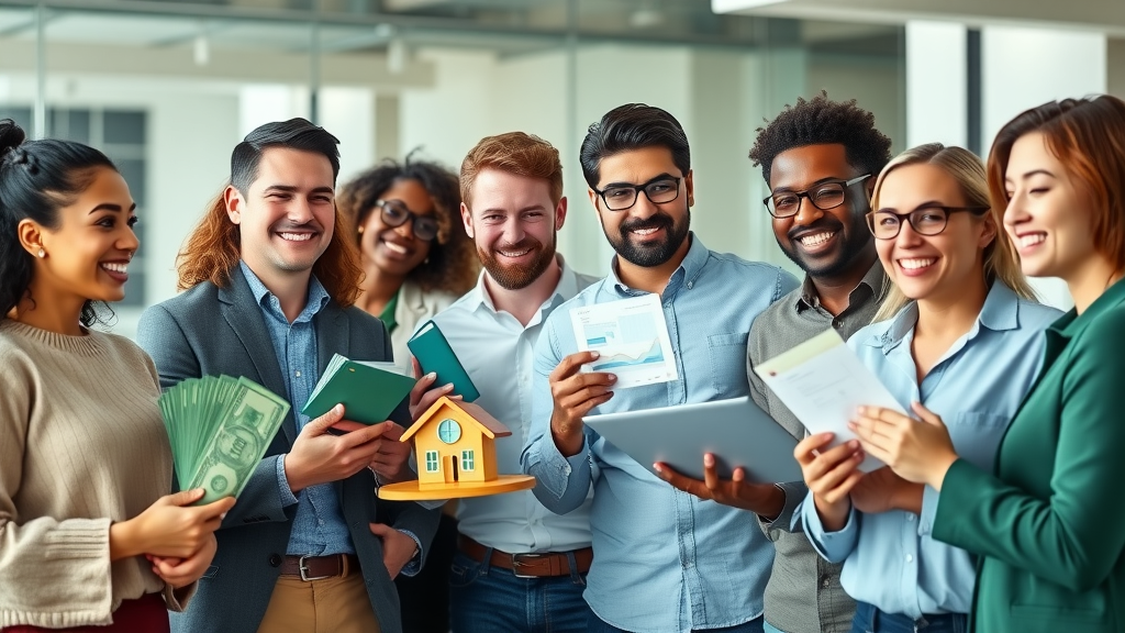 Diverse group discussing passive income ideas in modern office, holding real estate, stock, and digital product symbols