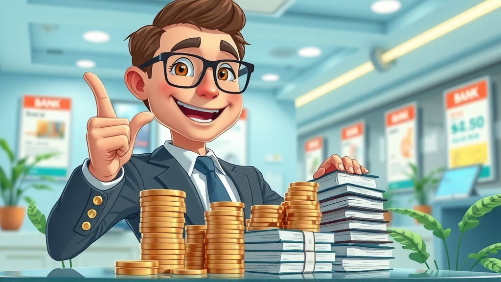 Investor explaining growth of coins, savings books, and passive income opportunities in bank setting