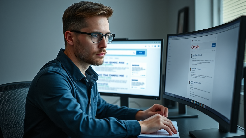 thoughtful remote worker analyzing search engine results on dual monitors, reviewing web search accuracy as an online side hustle