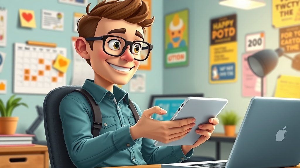 Organized gig worker using productivity app for best part-time gigs in a colorful home office environment