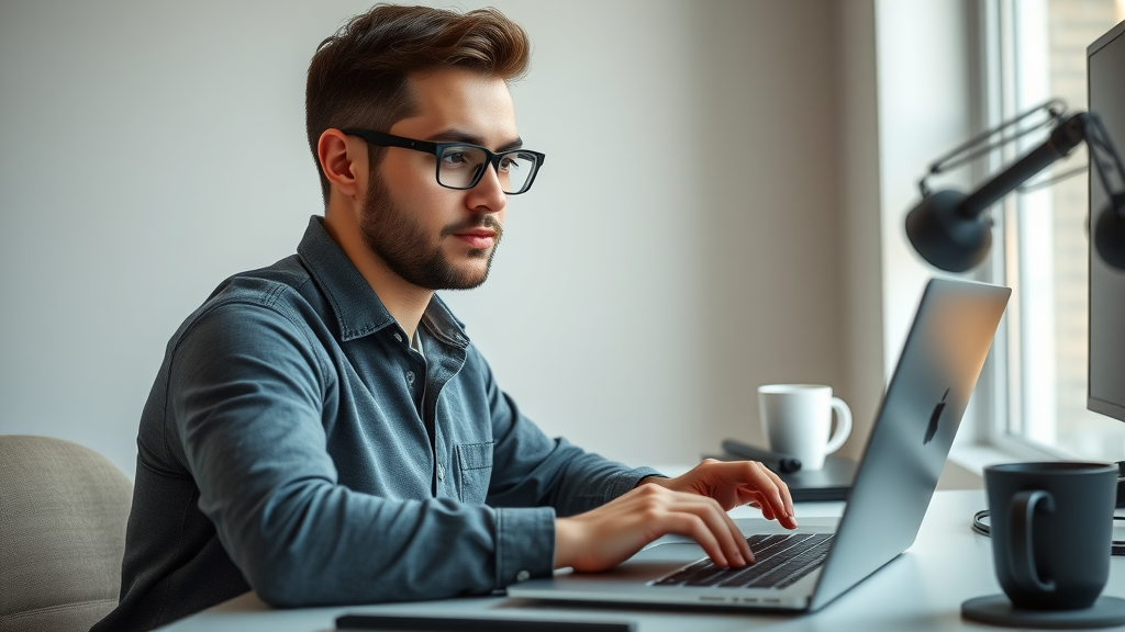 organized freelancer at a minimal desk working on low investment side hustle, typing on a laptop