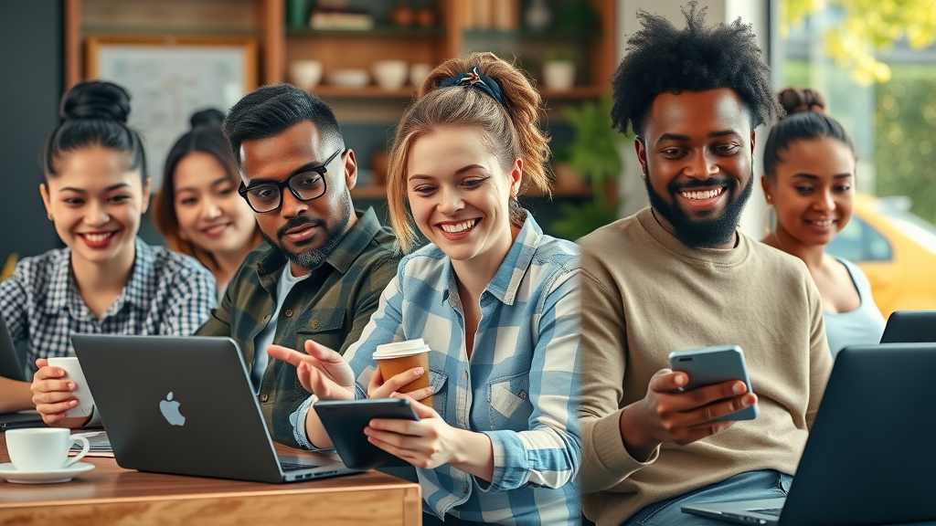 diverse individuals engaging in different low investment side hustles, focus in various environments, multitasking, digital devices