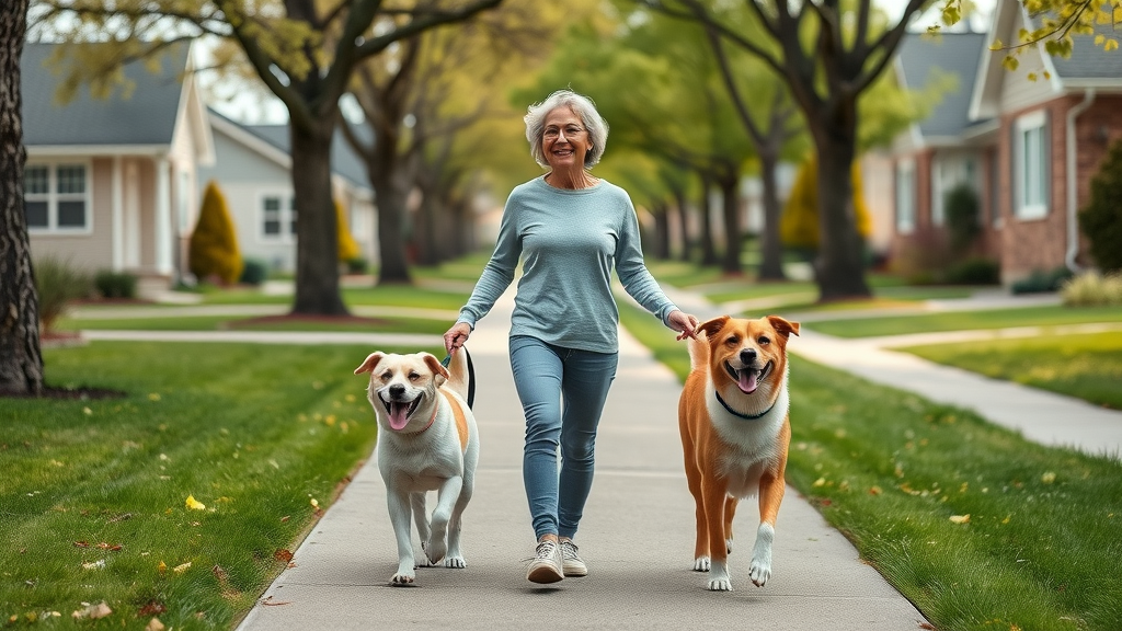 energetic person walking two happy dogs in a suburban neighborhood, dog walking, pet sitting, top ways to earn extra, easy side job, side hustle idea for animal lovers