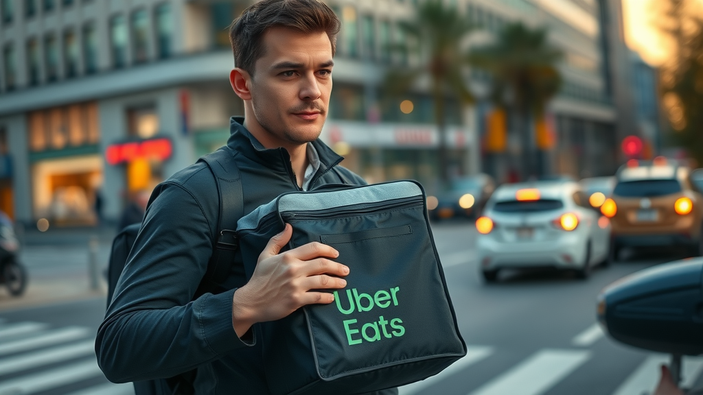Uber Eats driver preparing for flexible side hustle delivery gig, determined expression
