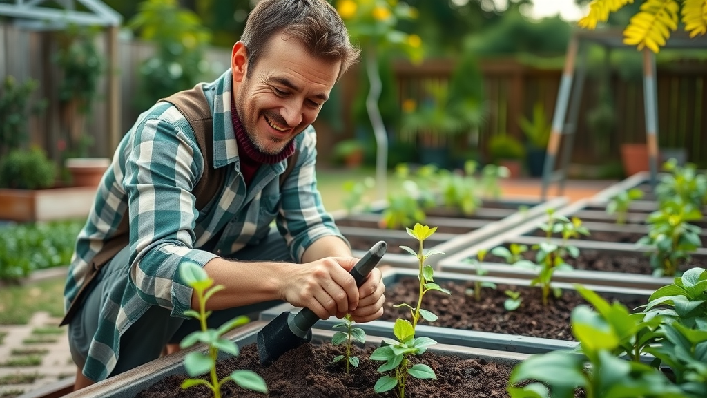home gardener tending plants for low investment asset gardening side hustle, vibrant backyard