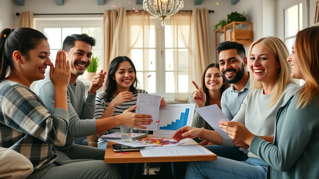 inspired group of adults celebrating new side hustle achievements, easy side jobs, side hustle ideas, community support, positive group interaction and achievement