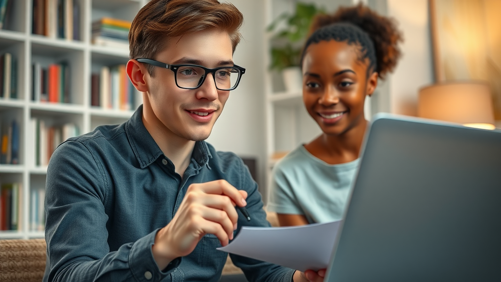 enthusiastic young adult tutoring a student online, home office setting with books and video call, online tutor, easy side jobs, helping others learn and make extra money