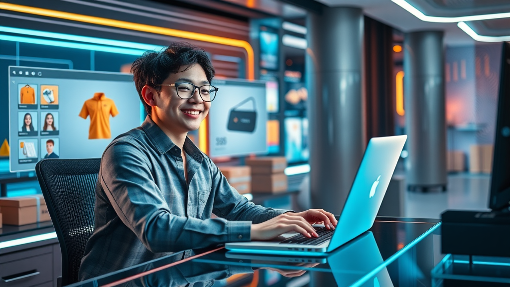 Entrepreneur running dropshipping business via laptop and managing digital order workflows