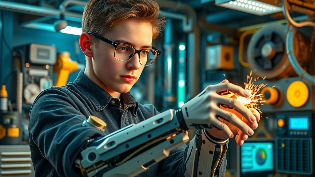 Young engineer building a futuristic robotic arm, symbolizing AI innovation in machine learning, computer vision, and language processing