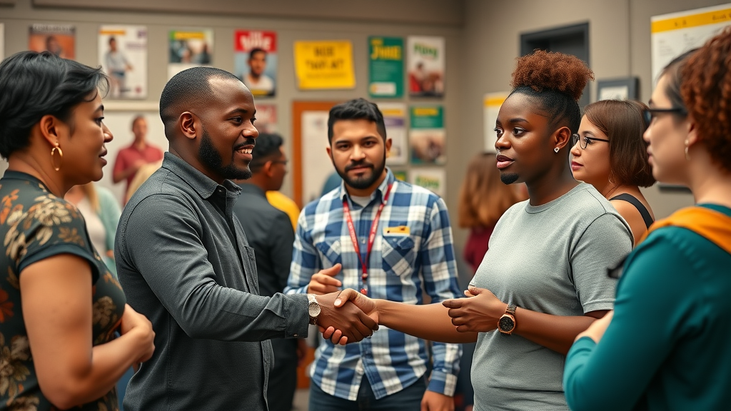 diverse group networking and discussing side hustle ideas, community event, easy side jobs, strategies for maximizing income, warm group conversation