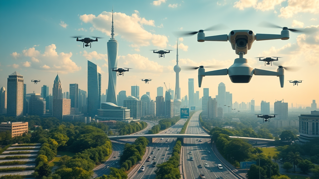 AI-managed smart city with robots, green spaces, and digital signage, symbolizing AI’s long-term societal integration