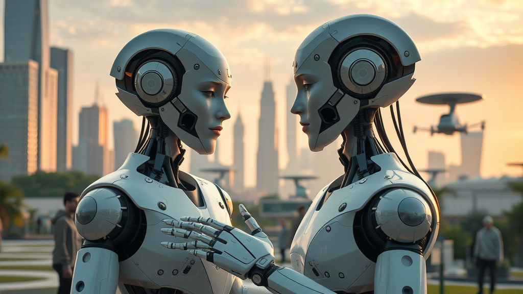 Humans and AI robots working together in an advanced eco-friendly city, representing collaborative AI scenario in 2050