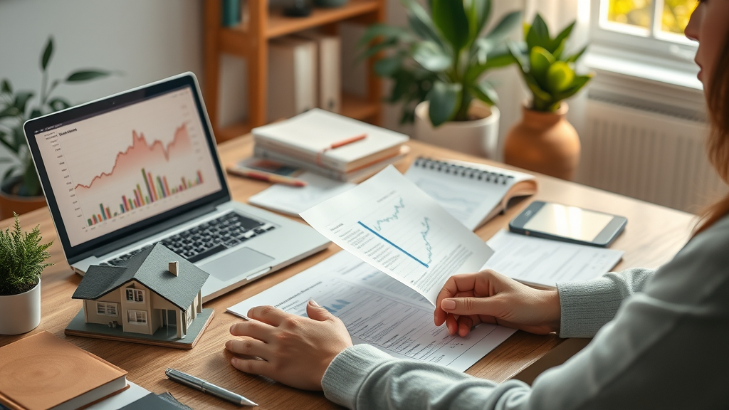 Workspace with financial books, real estate model, and laptop displaying stock chart