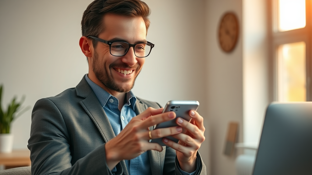 Professional celebrating online notification of $40 per hour payment for best part-time gig in modern minimalist home office