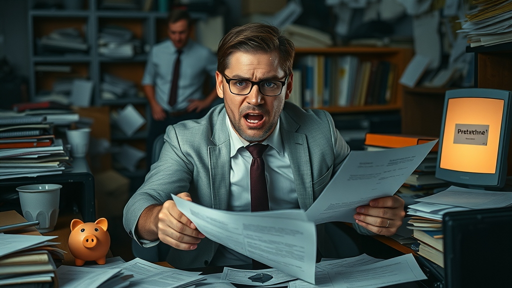 Stressed entrepreneur surrounded by failed passive income ideas, empty piggy banks, and scattered documents