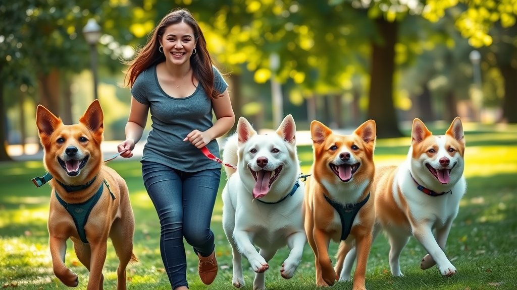 pet sitter walking several dogs while smiling, classic animal lover side gig