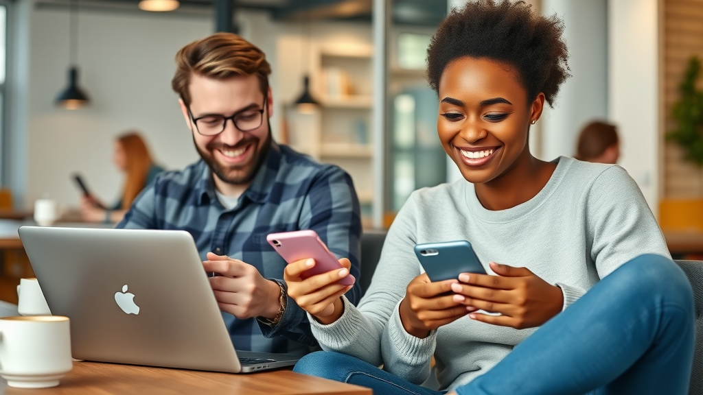 Motivated young adults exploring best part-time gigs and job listings on laptops and smartphones in a modern co-working space