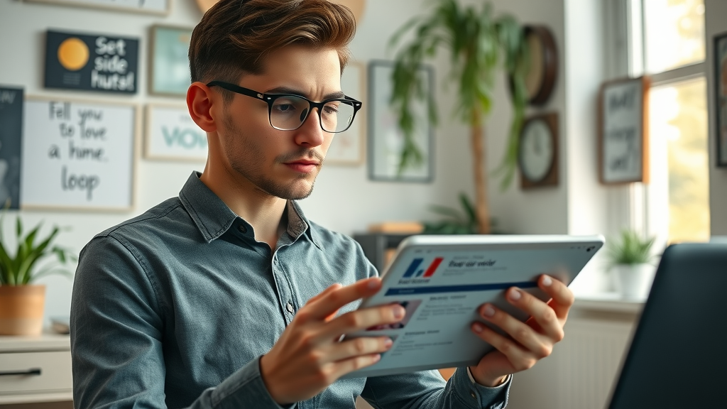 motivated beginner choosing side hustle ideas on a tablet