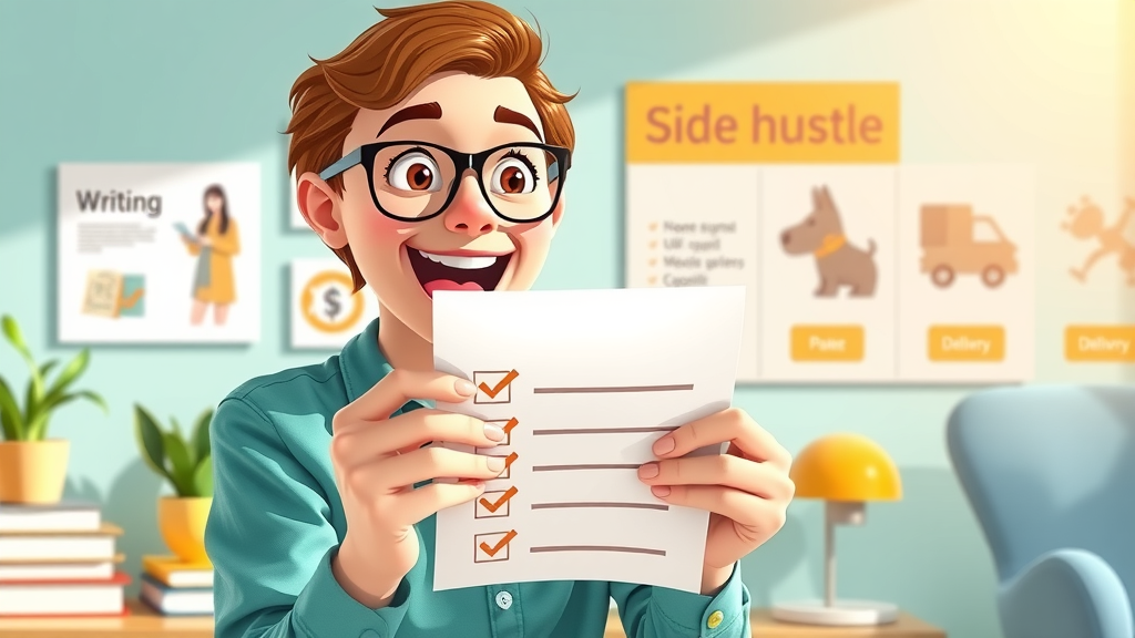 Beginner choosing best side hustle options with checklist and guidebook workspace