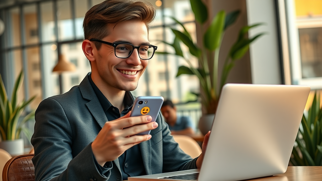 dynamic young professional managing social media content on phone and laptop, modern cafe background, social media manager, easy side jobs, turning scrolling into a side gig