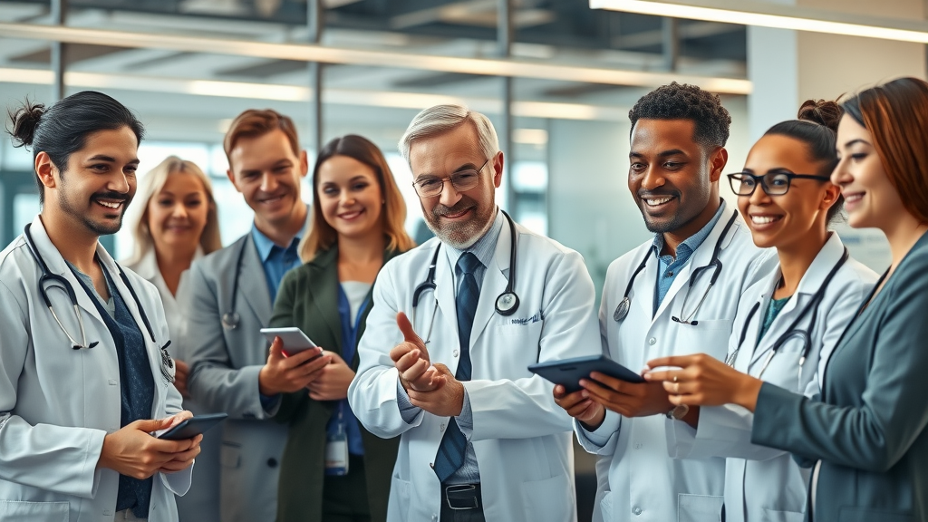 Physicians, educators, and engineers collaborating in a tech-enabled workplace, illustrating jobs resilient to AI disruption