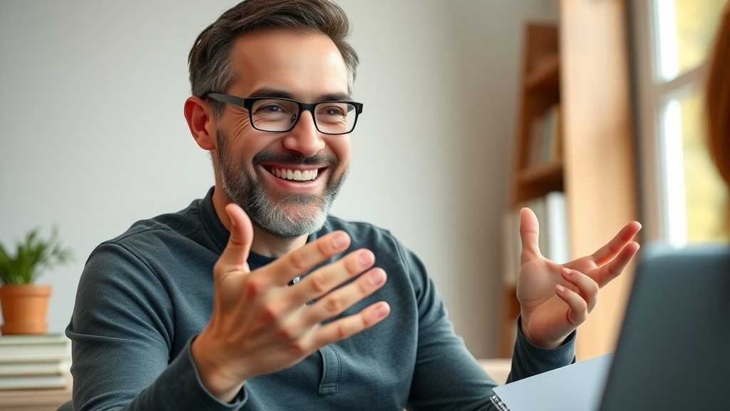 smiling online tutor doing low investment side hustle teaching remotely, books in background