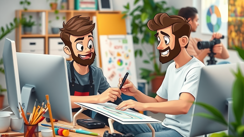 Artist and developer collaborating on creative and digital passive income projects in vibrant workspace
