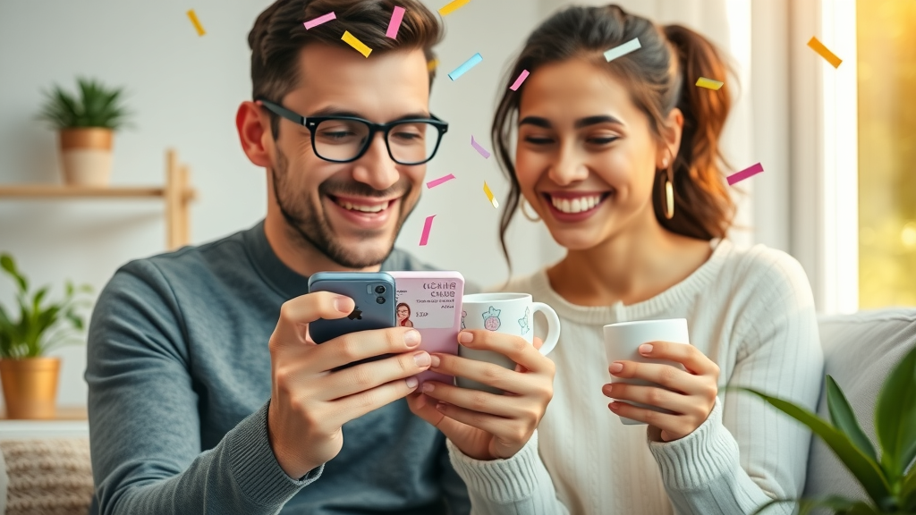 Happy couple celebrating passive income from online cashback and high-yield savings accounts at home