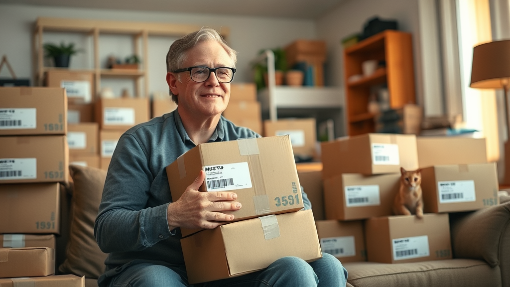 motivated adult organizing and boxing up unused items for online sale, selling on Facebook Marketplace, decluttering and making extra cash, easy side job