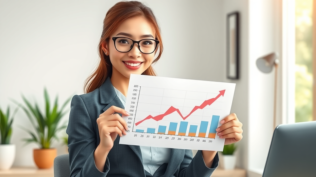 Successful businesswoman showing sales growth from passive income streams in a home office