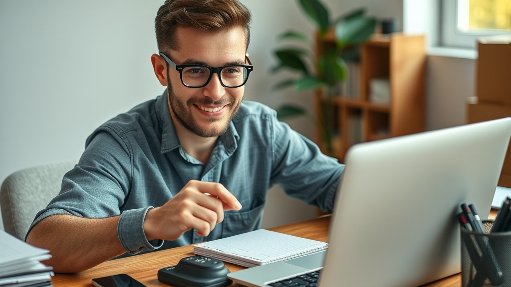 determined new side hustler setting up tools and launching first project