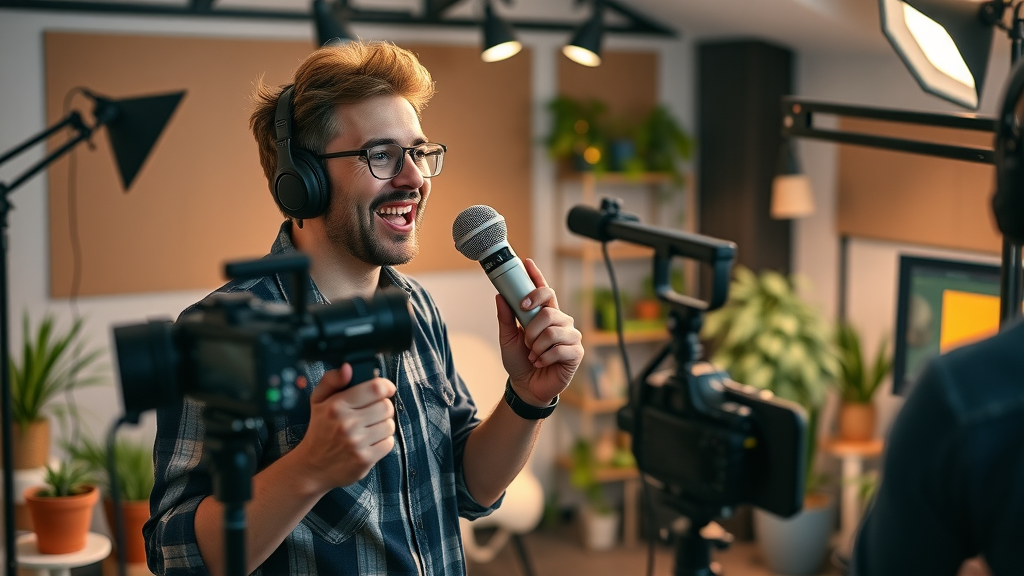 innovative entrepreneur recording a podcast, working on multiple online side hustle projects in a modern home studio