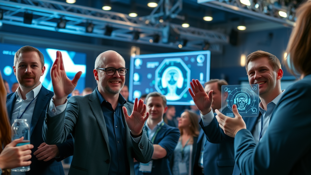 Tech investors gesturing toward AI holograms, illustrating global AI market hype and its impact on expectations