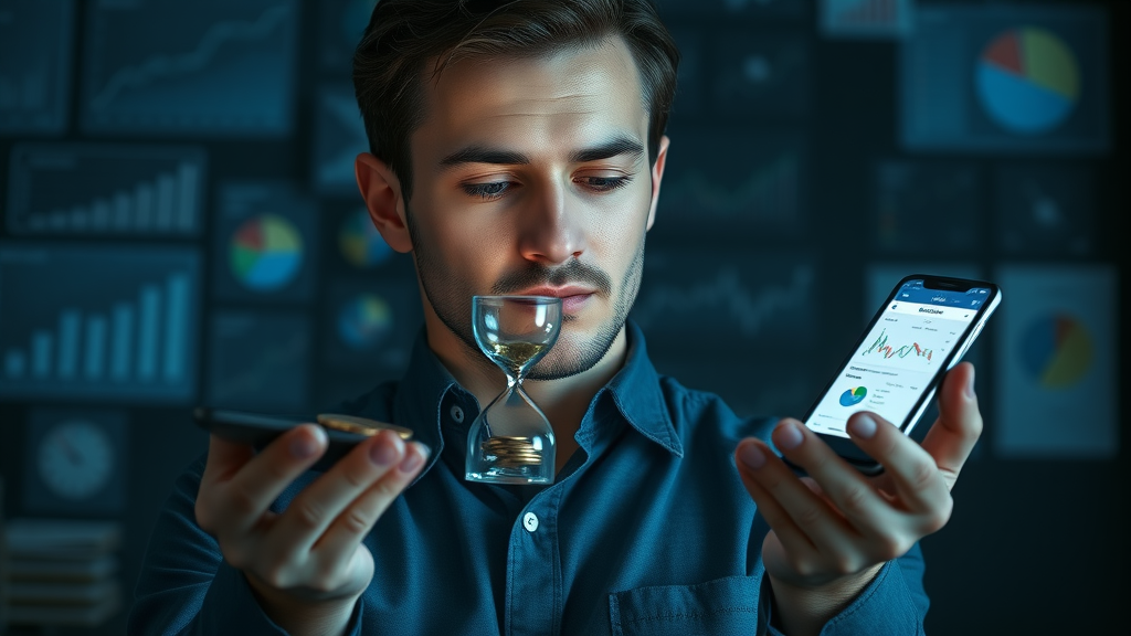 Thoughtful person weighing coins and hourglass, analyzing financial charts to select the best passive income ideas