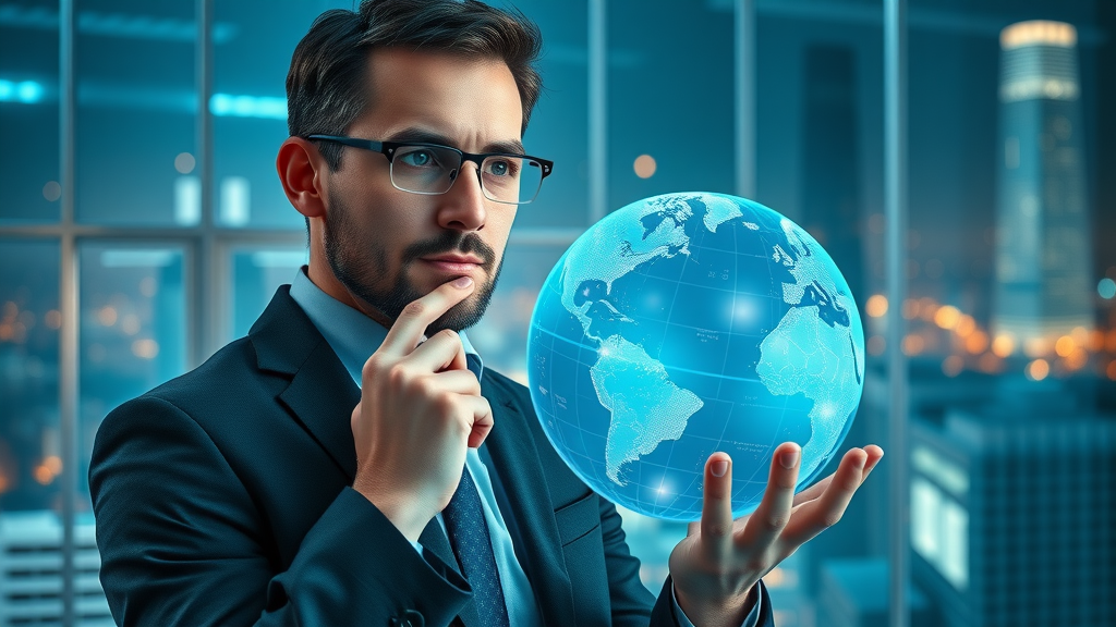 Analyst projecting near-term AI trends across the globe, symbolizing realistic AI market and generative AI outlook