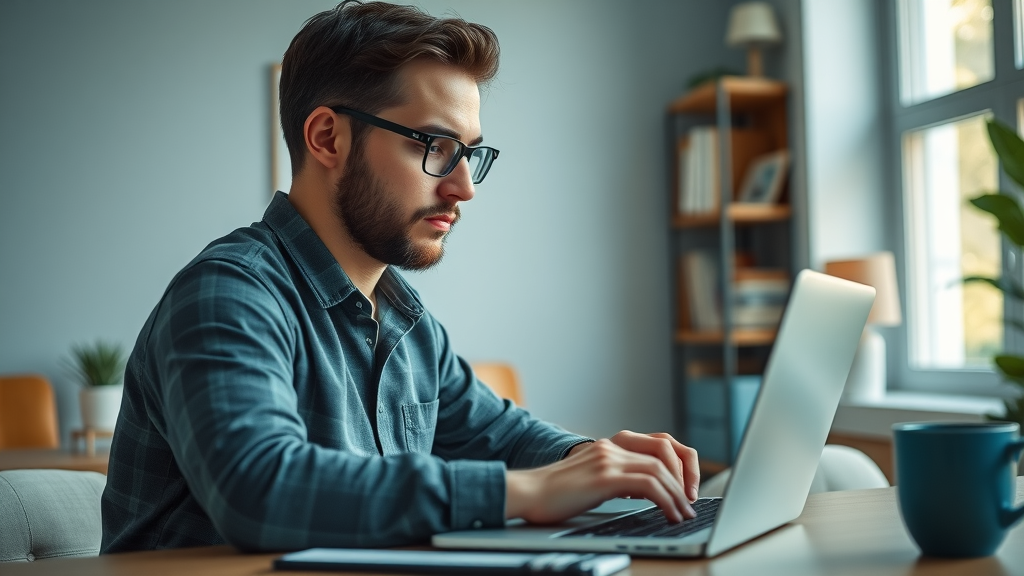 focused adult freelancer writing on a laptop, confident, working on freelance writing side hustle in a cozy home office