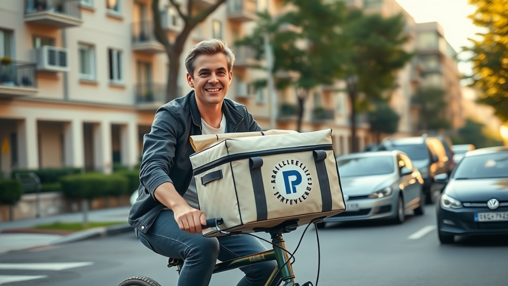 casual adult delivering food on a bicycle, urban street, food delivery, classic side hustle idea, easy side jobs, making extra money with flexible side gig