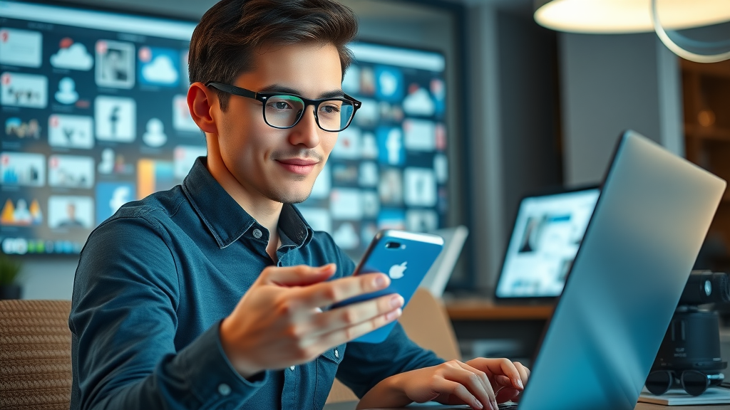 young professional managing multiple brand social media profiles for side gig
