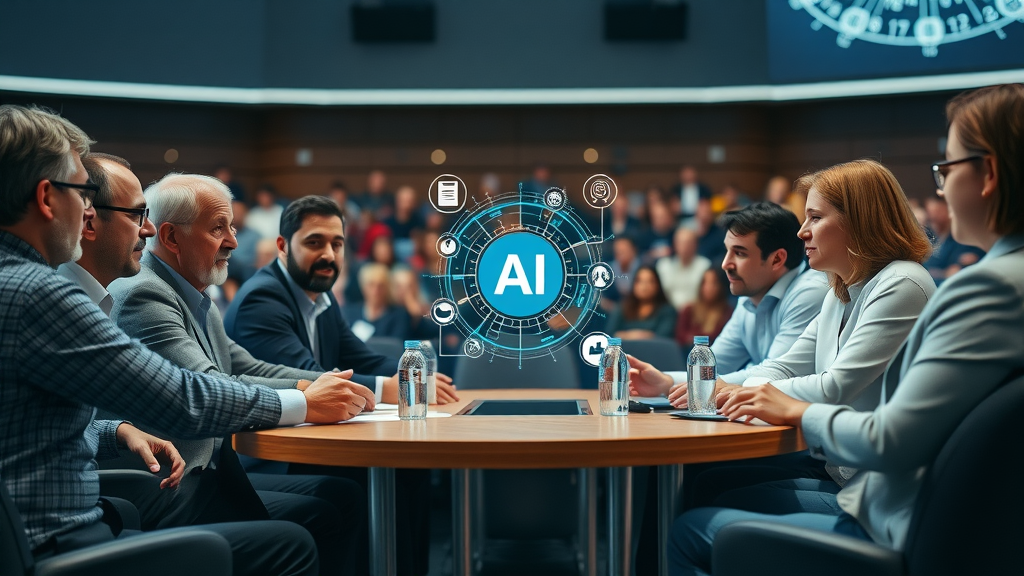 Expert panel discussing AI trends and challenges, with digital infographics on AI future growth potential projected between them