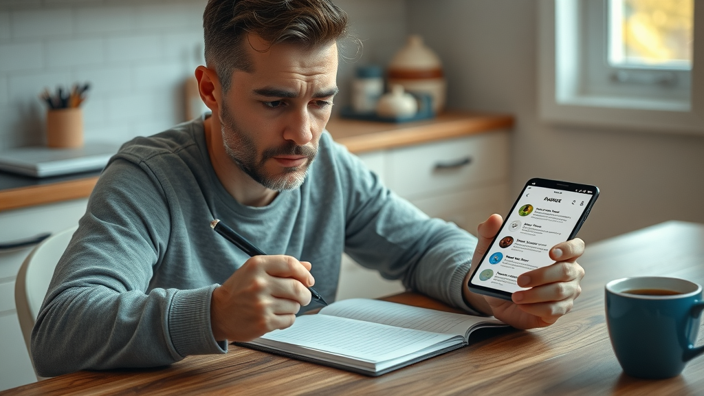thoughtful person writing pros and cons for different side jobs, evaluating side gig options, easy side jobs decision, kitchen table, notepad and phone
