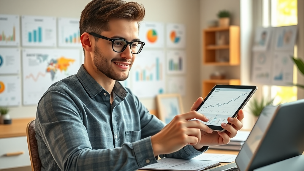 confident young entrepreneur reviewing financial dashboard and planning strategy for multiple online side hustles at home
