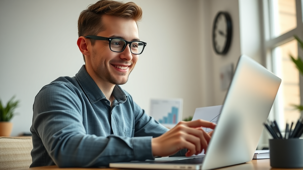 optimistic young professional reviewing charts and graphs on a laptop, analyzing online earnings, modern minimalist home office