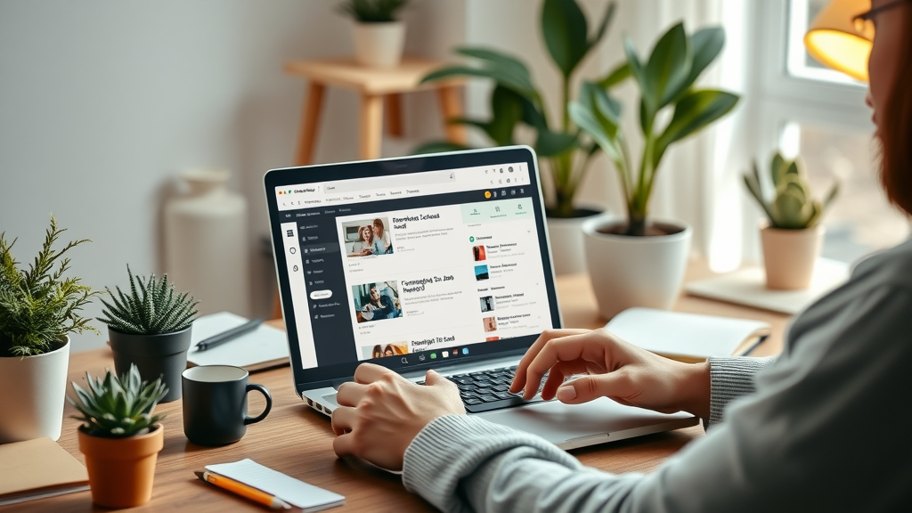 organized workspace for easy side jobs, home office with laptop displaying side gig listings, calm adult researching easy side jobs, side hustle ideas, extra money strategies