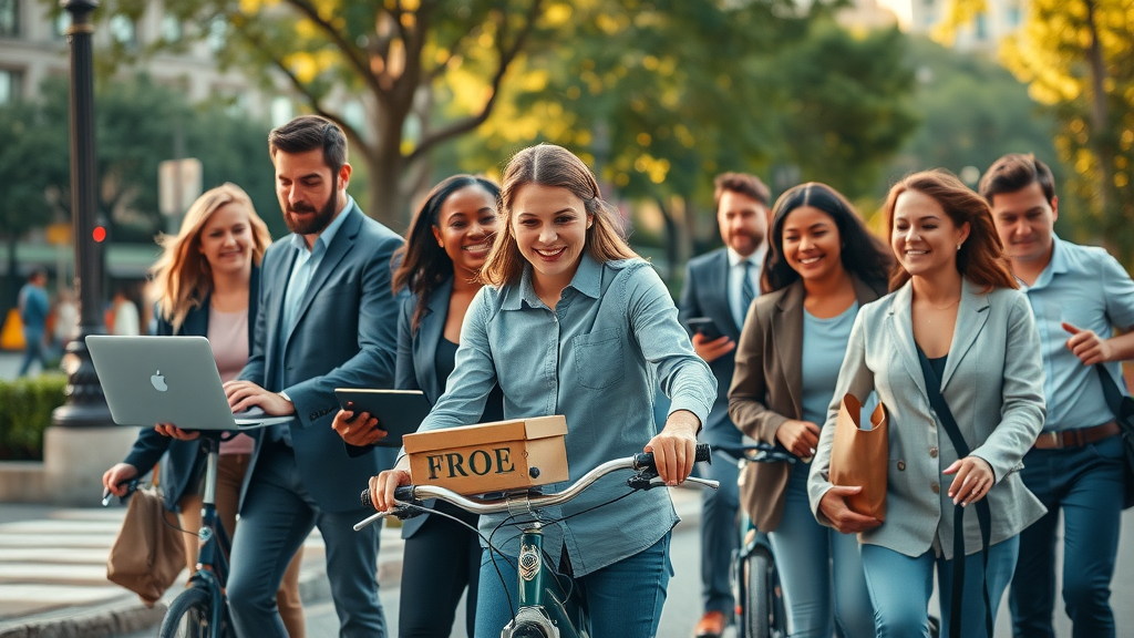 Diverse professionals performing various best part-time gigs: tutoring, food delivery, and dog walking in a vibrant urban park setting